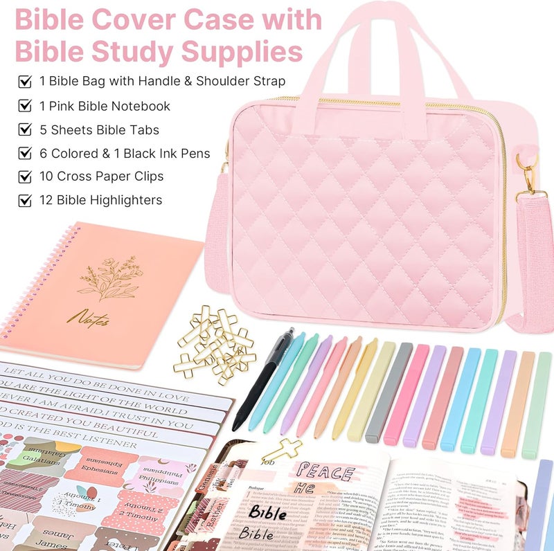 PUGPIU Bible Cover Case for Women, Large Quilted Bible Bag with Shoulder Strap and Handle, Bible Study Supplies Journaling Kit with Highlighters Pens No Bleed Tabs Notebook Cross Clips (Pink) - Image 2